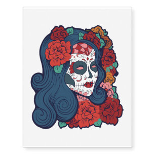 Sugar Skull Woman Red Roses In Hair Temporary Tattoos