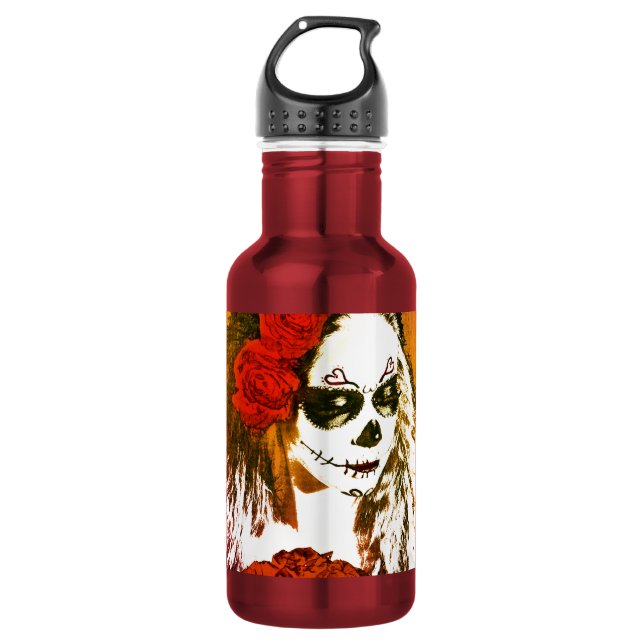 Sugar Skull Woman with Roses Art Water Bottle (Front)