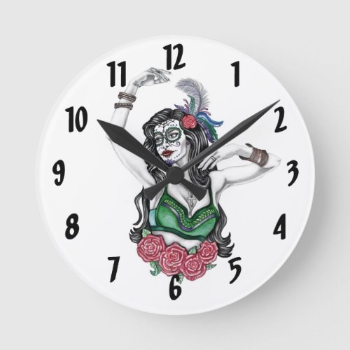 Sugar Skull Woman with Roses Clock