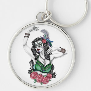 Sugar Skull Woman with Roses Keychain