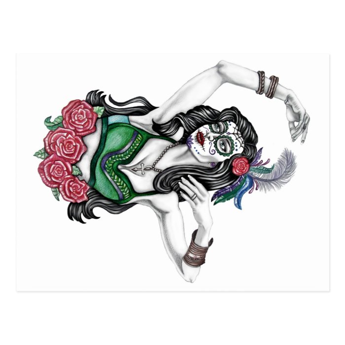 Sugar Skull Woman with Roses Post Card