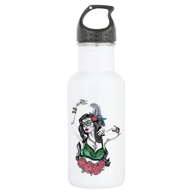 Sugar Skull Woman with Roses Stainless Steel Water Bottle (Front)