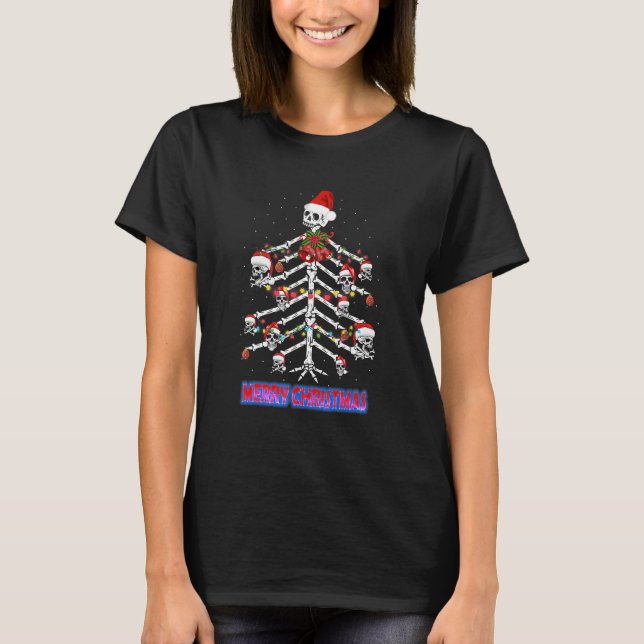 Sugar Skull X Ray Christmas Light Tree With Santa  T-Shirt (Front)