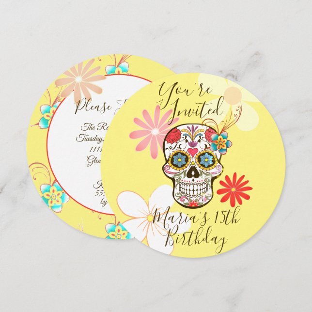 Sugar Skull Yellow, Rose Hippy Floral Invitation (Front/Back)