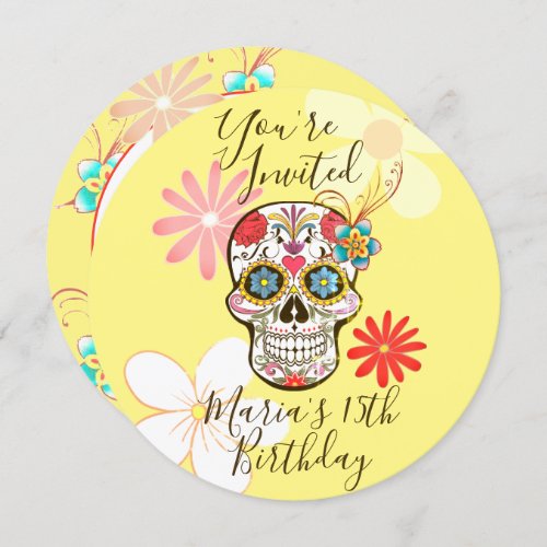 Sugar Skull Yellow Rose Hippy Floral Invitation