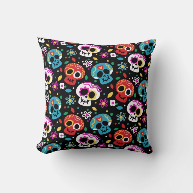 Sugar Skulls and Daisies  Throw Pillow (Front)