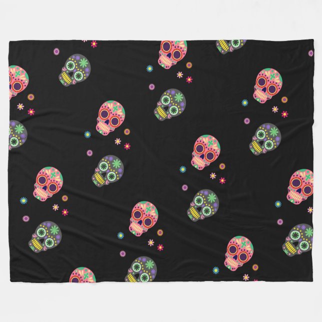 Sugar Skulls and Flowers Day of the Dead Pattern Fleece Blanket (Front (Horizontal))