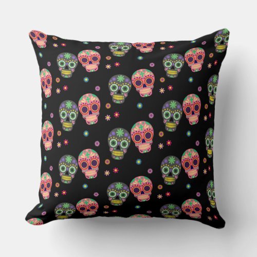 Sugar Skulls and Flowers Day of the Dead Pattern Throw Pillow