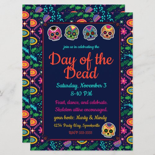 Sugar Skulls and Flowers Dias de los Muertos Invitation