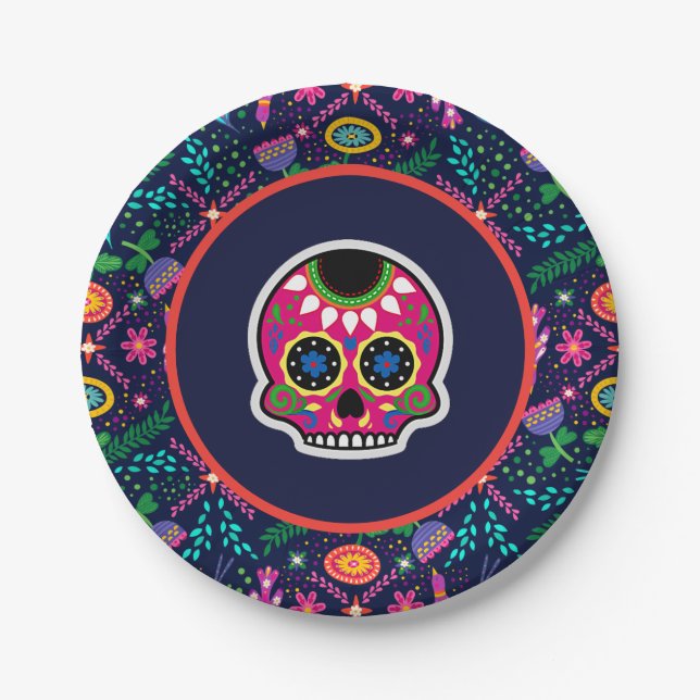 Sugar Skulls and Flowers Dias de los Muertos Paper Plates (Front)