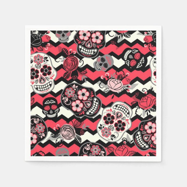 Sugar Skulls And Flowers Pattern Napkins (Front)