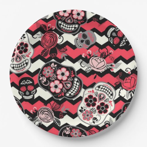 Sugar Skulls And Flowers Pattern Paper Plates