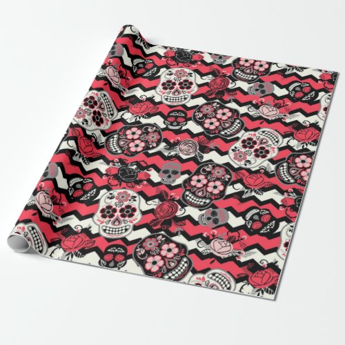 Sugar Skulls And Flowers Pattern Wrapping Paper