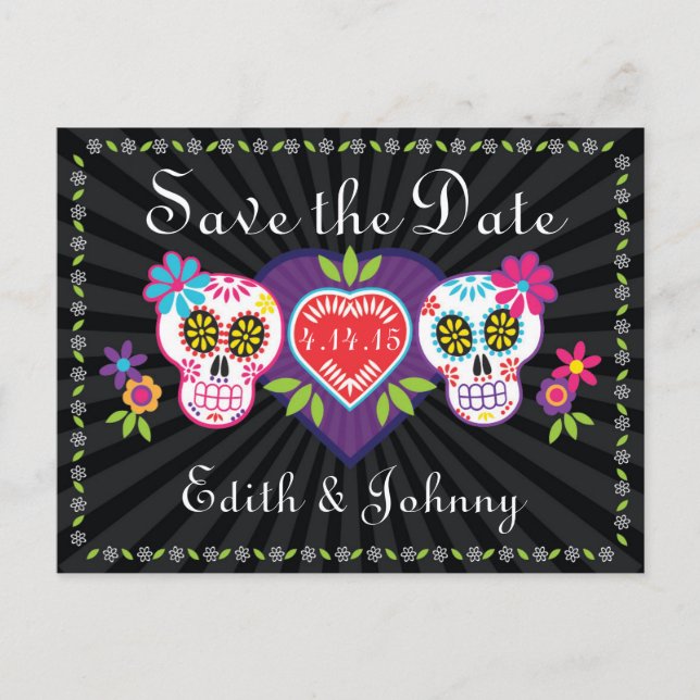Sugar Skulls and Flowers Save the Date Announcement Postcard (Front)