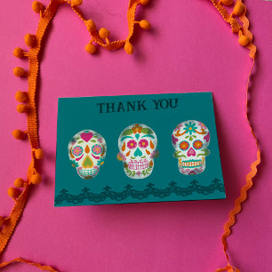 Sugar Skulls and Lace on Teal Customizable Letterpress Thank You Card