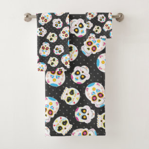 Sugar Skulls and Polka Dots on Black Bath Towel Set
