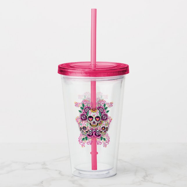 Sugar Skulls and Roses Acrylic Tumbler (Front)