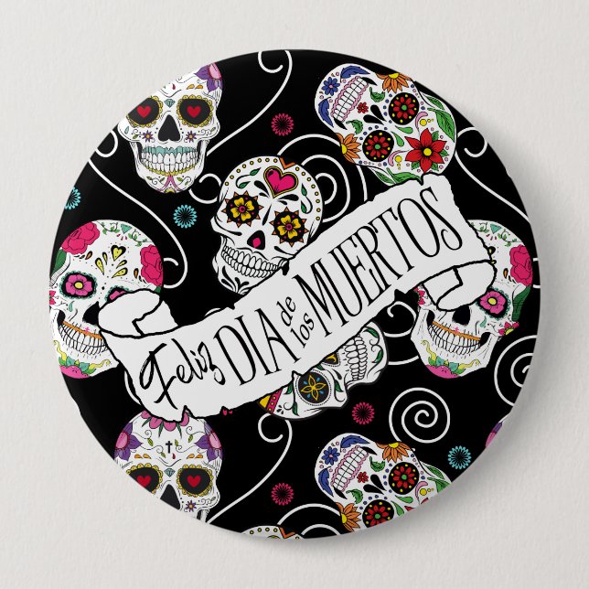 Sugar Skulls and Swirls Black D725 Button (Front)