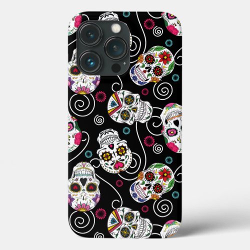 Sugar Skulls and Swirls Black D725 iPhone 13 Pro Case