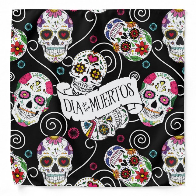 Sugar Skulls and Swirls Black ID725 Bandana (Front)