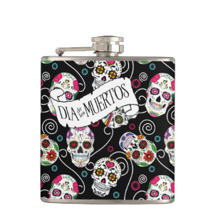 Sugar Skulls and Swirls Black ID725 Flask