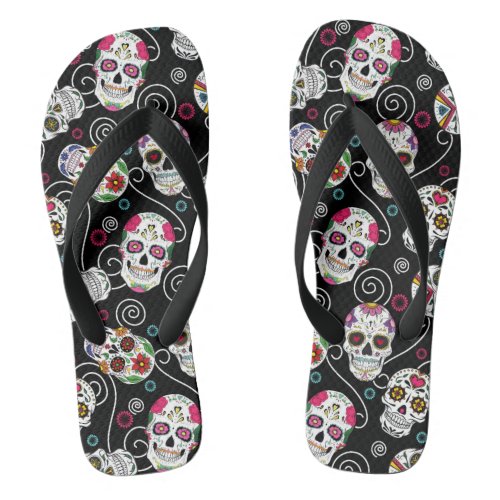 Sugar Skulls and Swirls Black ID725 Flip Flops