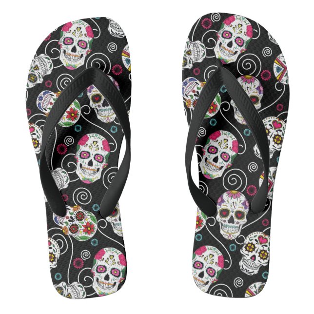 Sugar Skulls and Swirls Black ID725 Flip Flops (Footbed)