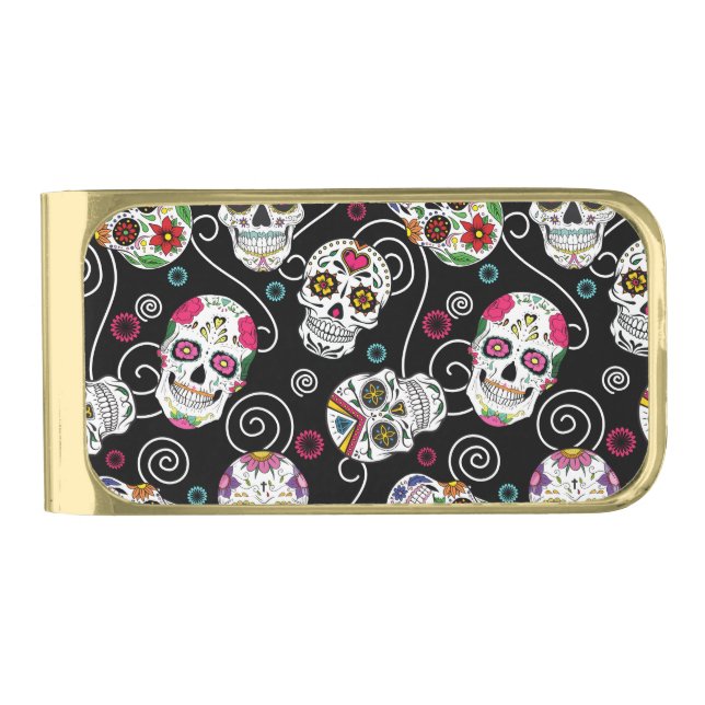 Sugar Skulls and Swirls Black ID725 Gold Finish Money Clip (Front)