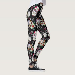 Sugar Skulls and Swirls Black ID725 Leggings