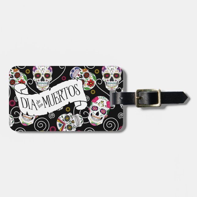 Sugar Skulls and Swirls Black ID725 Luggage Tag (Front Horizontal)