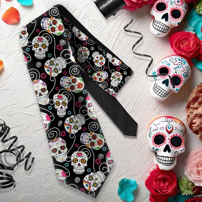 Sugar Skulls and Swirls Black ID725 Neck Tie (Creator Uploaded)