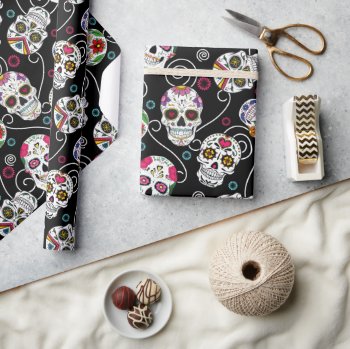 Sugar Skulls And Swirls Black Id725 Wrapping Paper by arrayforcards at Zazzle