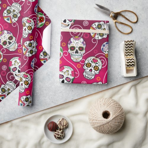 Sugar Skulls and Swirls Red ID725 Wrapping Paper