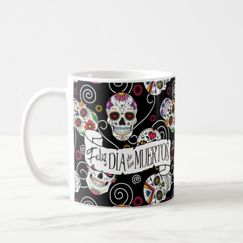 Sugar Skulls and Swirls Rose Black ID725 Coffee Mug