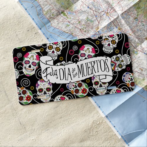 Sugar Skulls and Swirls Rose Black ID725 License Plate