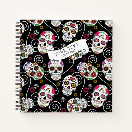 Sugar Skulls and Swirls Rose Black ID725 Notebook