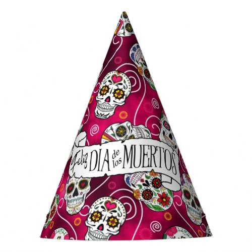 Sugar Skulls and Swirls Rose Red D725 Party Hat