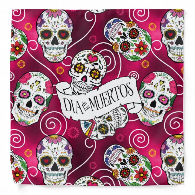 Sugar Skulls and Swirls Rose Red ID725 Bandana (Front)