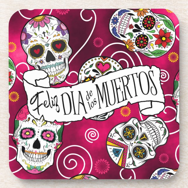 Sugar Skulls and Swirls Rose Red ID725 Beverage Coaster (Front)