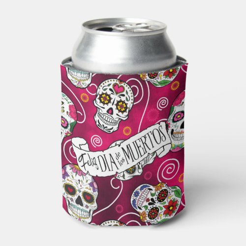 Sugar Skulls and Swirls Rose Red ID725 Can Cooler