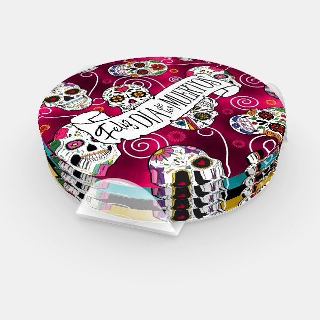 Sugar Skulls and Swirls Rose Red ID725 Coaster Set (Set)