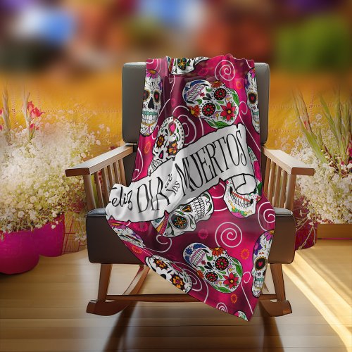 Sugar Skulls and Swirls Rose Red ID725 Fleece Blanket