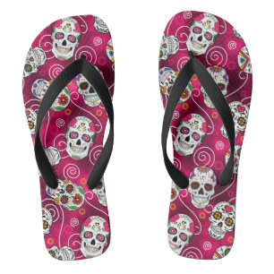 Sugar Skulls and Swirls Rose Red ID725 Flip Flops