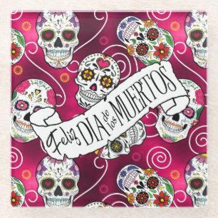 Sugar Skulls and Swirls Rose Red ID725 Glass Coaster