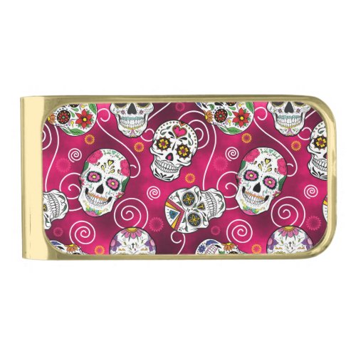 Sugar Skulls and Swirls Rose Red ID725 Gold Finish Money Clip