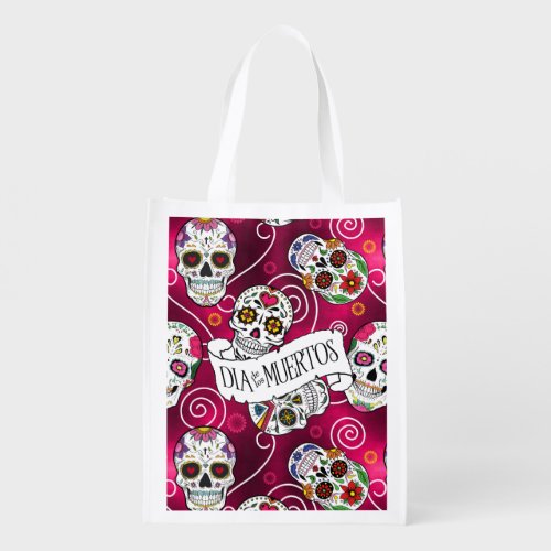 Sugar Skulls and Swirls Rose Red ID725 Grocery Bag