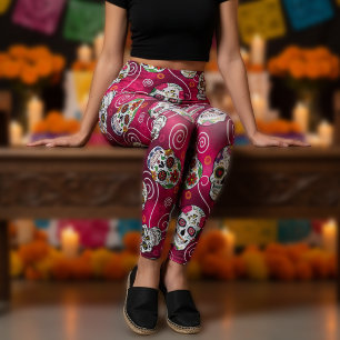 Sugar Skulls and Swirls Rose Red ID725 Leggings