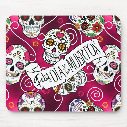 Sugar Skulls and Swirls Rose Red ID725 Mouse Pad