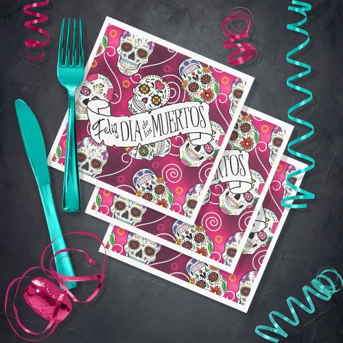 Sugar Skulls and Swirls Rose Red ID725 Napkins