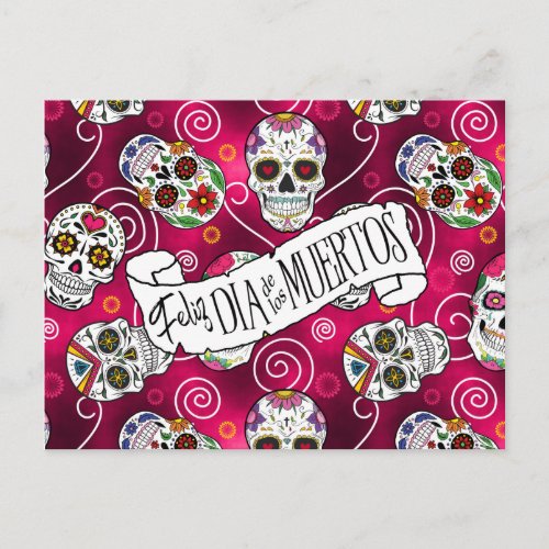 Sugar Skulls and Swirls Rose Red ID725 Postcard